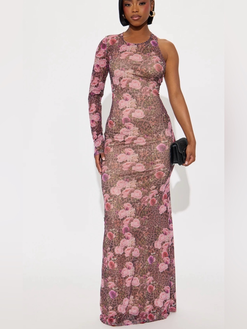 Fashion Nova Pink Leopard Floral One Shoulder Open Back Maxi Dress